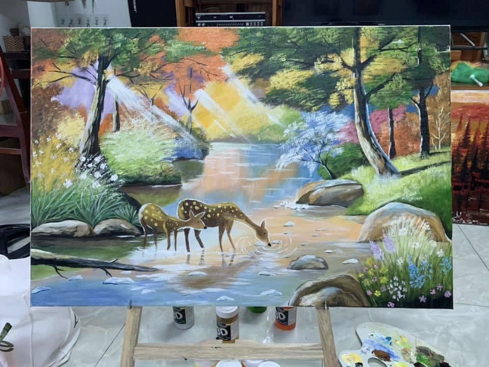 Kids painting and creative art time with nanny - screen-free kids activity in Vietnam