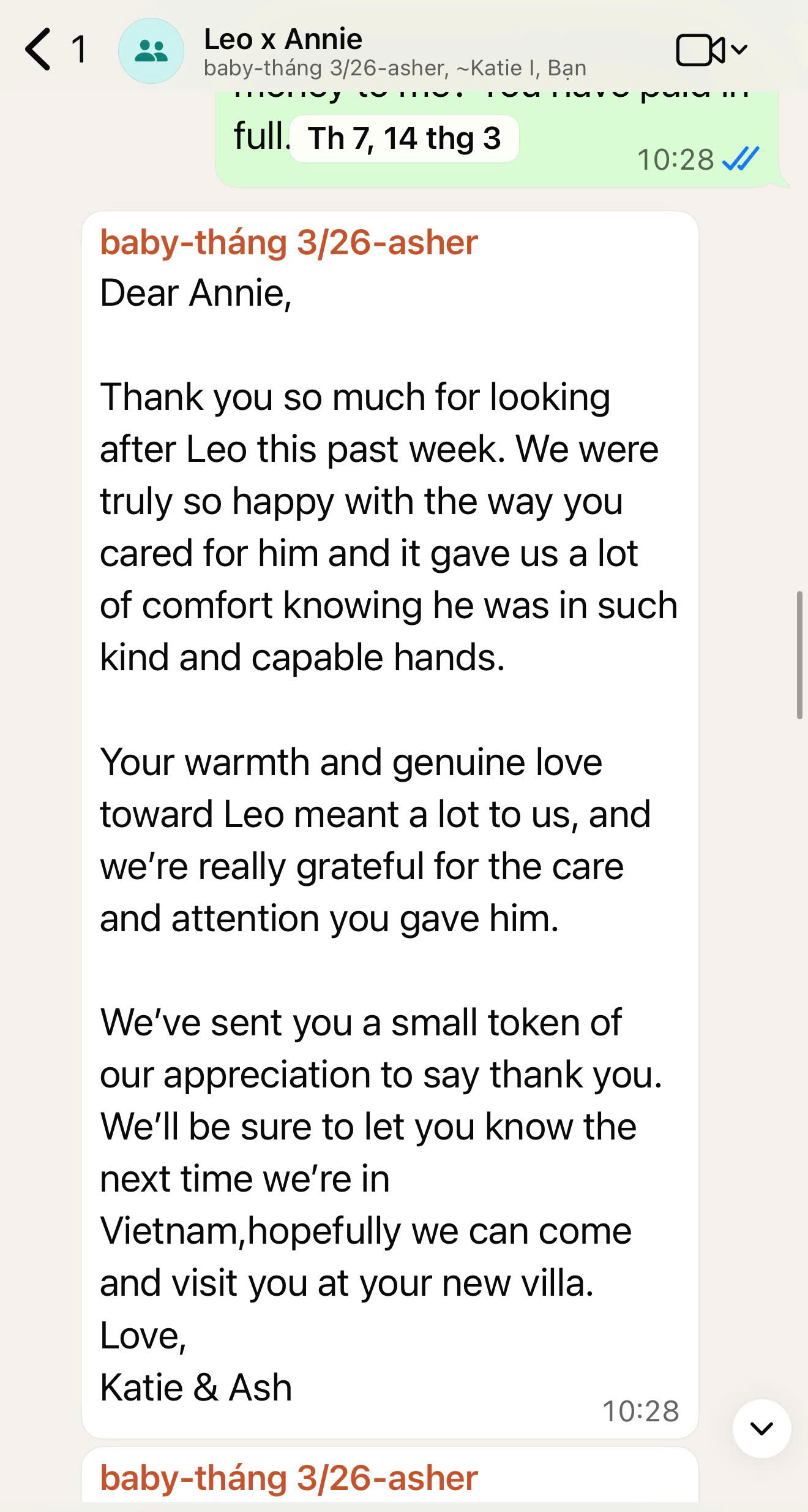 Customer feedback for babysitter in Da Nang with warm childcare support for hotel and villa stays