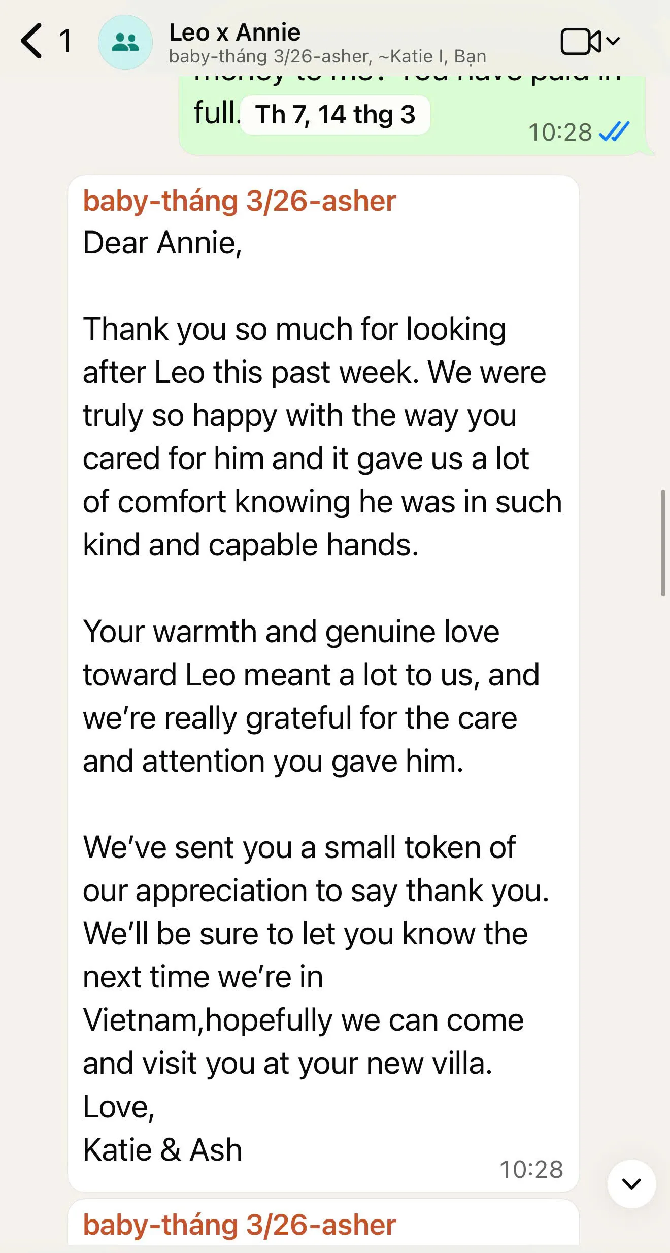 Customer feedback for babysitter in Da Nang with warm childcare support for hotel and villa stays