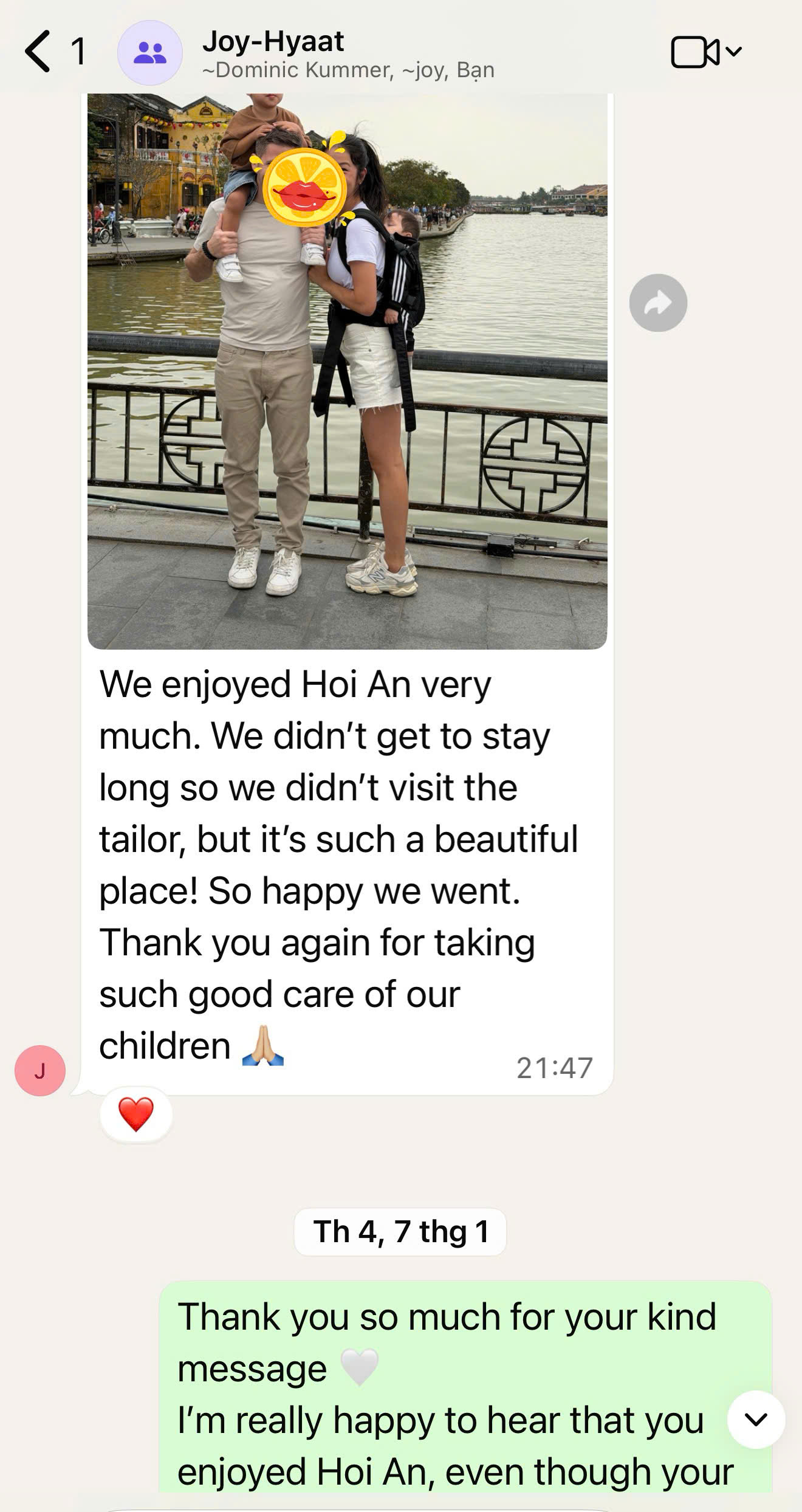 Real customer review for babysitter service in Hoi An from a travel family staying in Vietnam