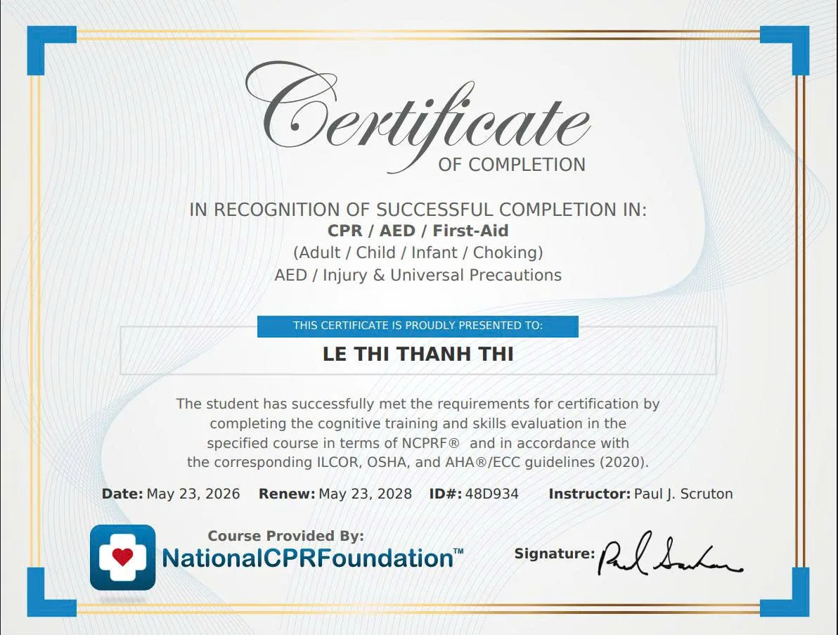 CPR training certificate for childcare safety awareness in Hoi An and Da Nang
