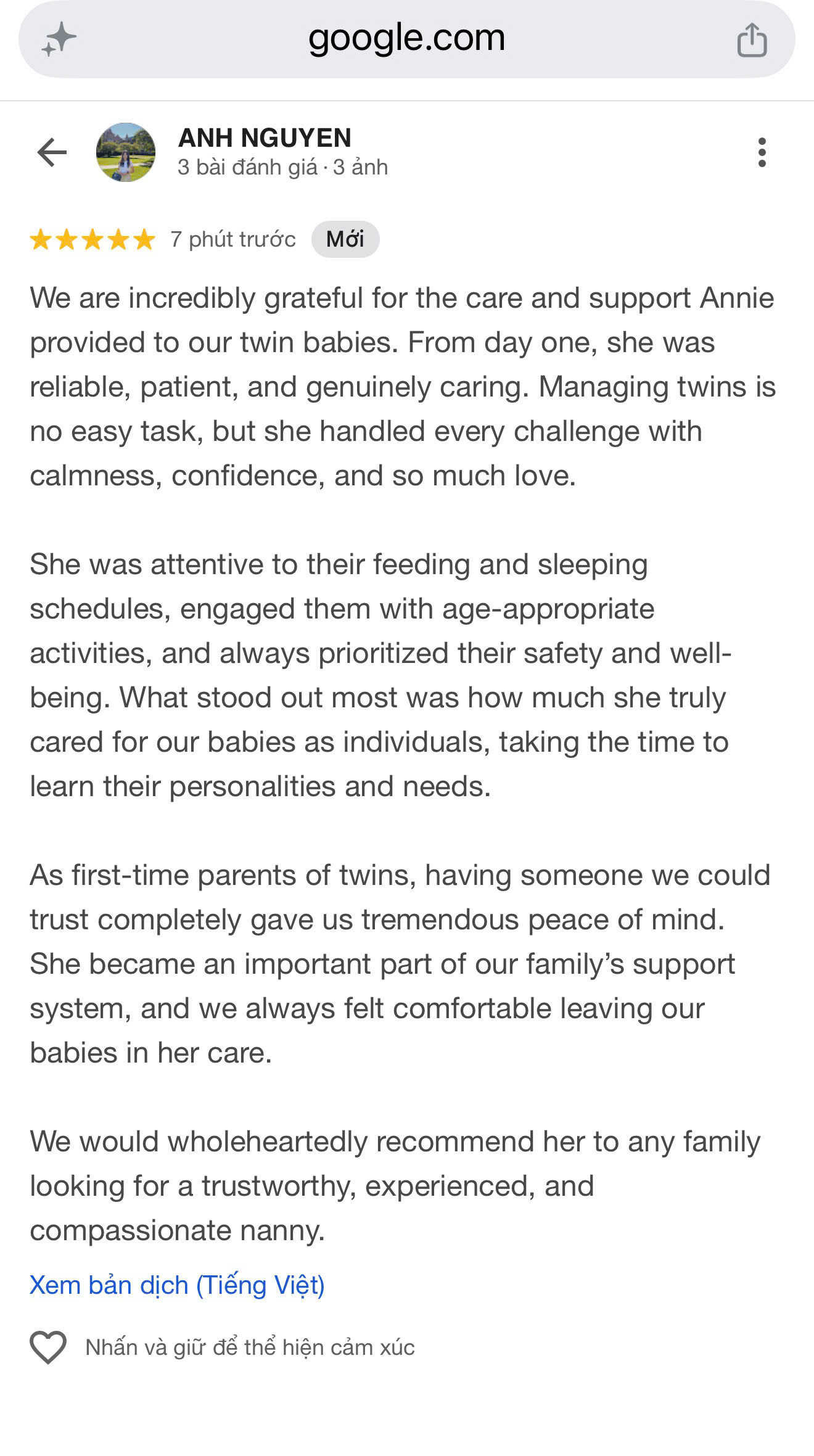 5 star Google review for Annie trusted babysitter in Da Nang from an international family